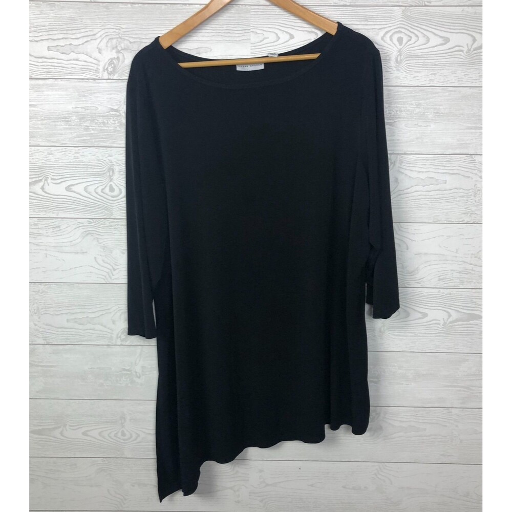 Susan Graver Women's 2X Liquid Knit Tunic Top Asymmetrical Hem 3/4 Sleeve Black